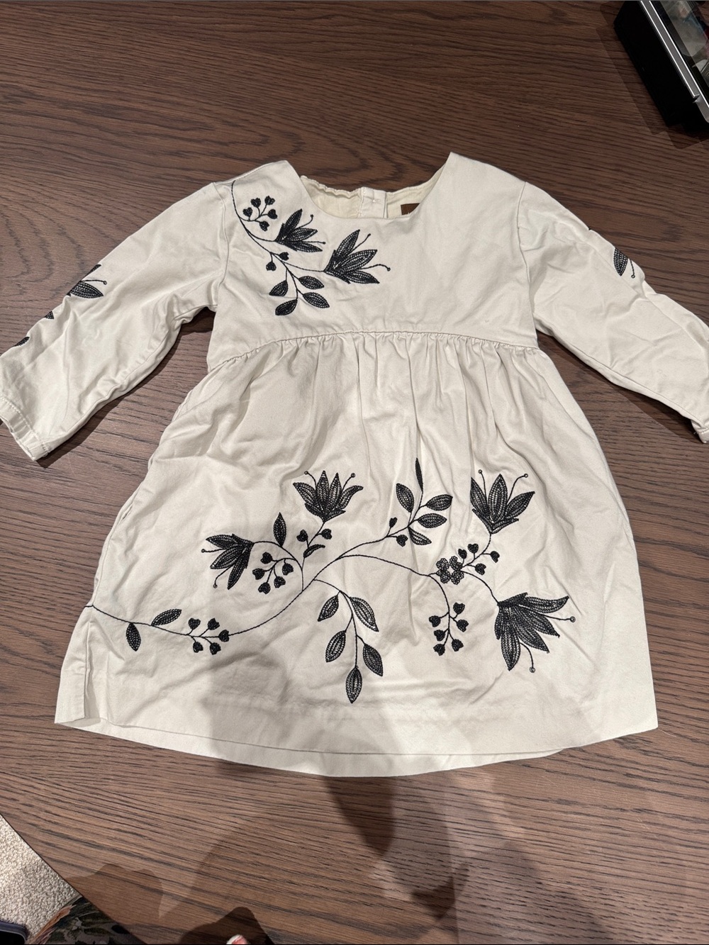 Tea Collection Cream Dress with Black Floral Embroidery